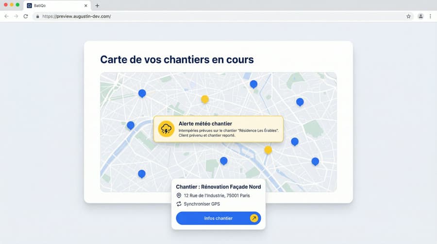 Carte de vos chantiers en cours et Alerte météo chantier